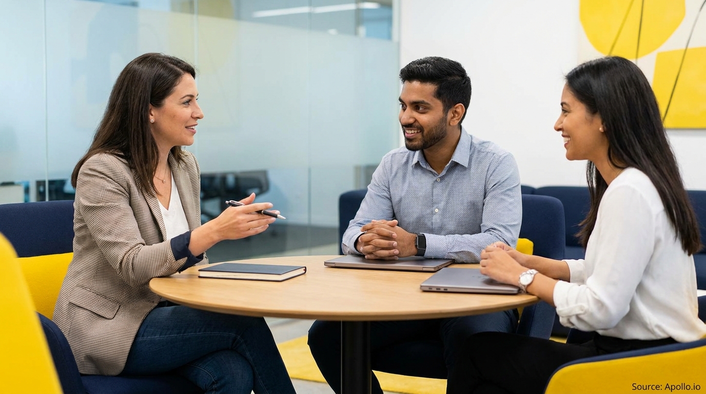 Three smiling professionals discuss at a round wooden table in a bright modern office.