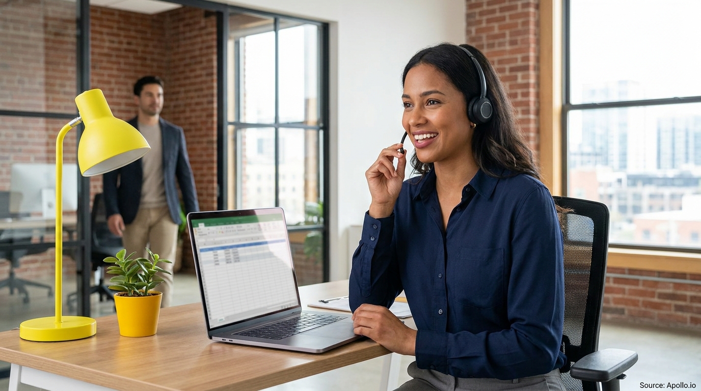 Smiling woman in headset uses laptop at office desk, man walks by in background.