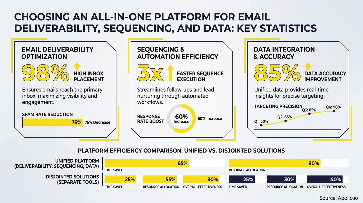Infographic showing key statistics on unified platform benefits for email deliverability, sequencing, and data.