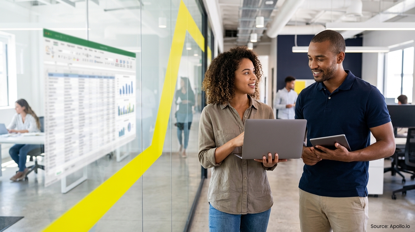 Two professionals discuss data while holding a laptop and tablet in a bright, modern office hallway.