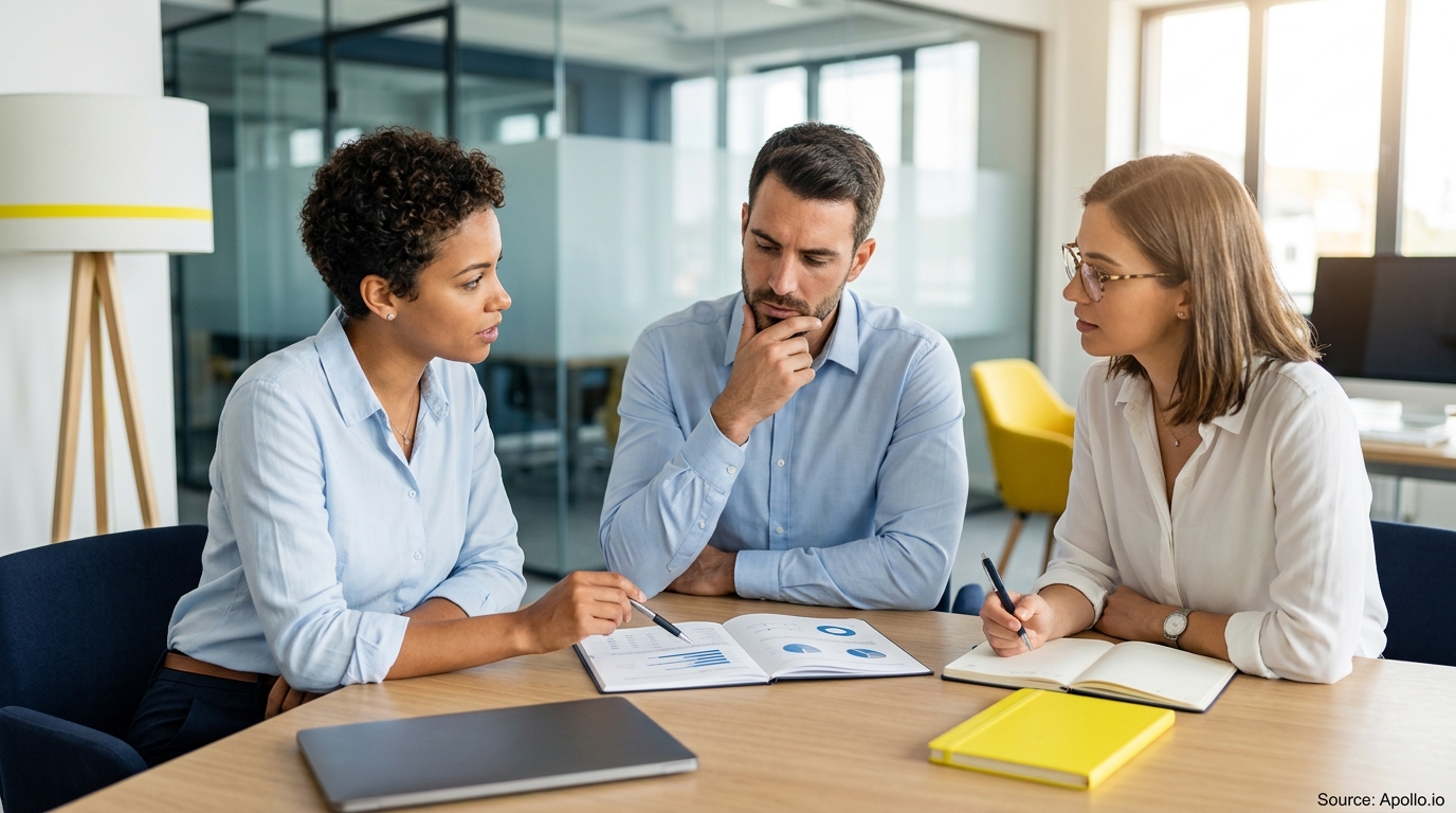 Three colleagues review charts and documents together at a table in a bright, modern office.