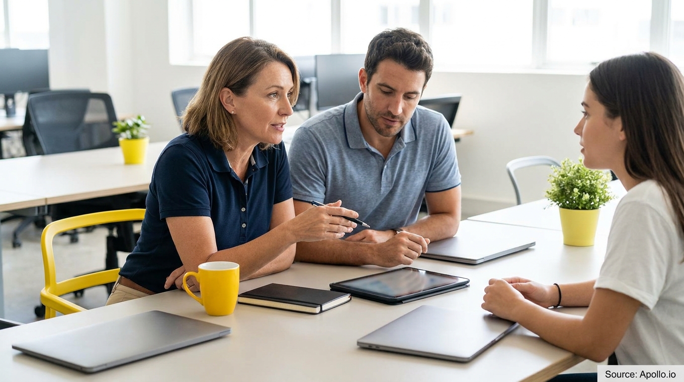 Three colleagues discuss strategy at a modern office table.