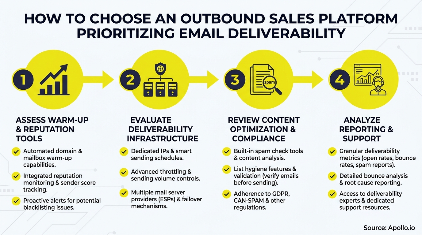Four-step infographic on choosing an outbound sales platform prioritizing email deliverability.