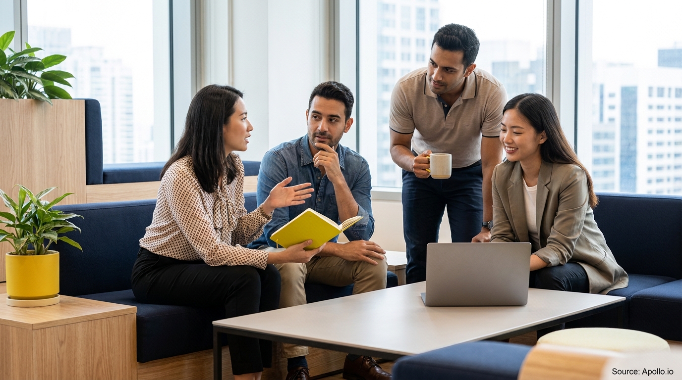 Four professionals discuss in a modern office lounge, with one using a laptop and another holding a notebook.