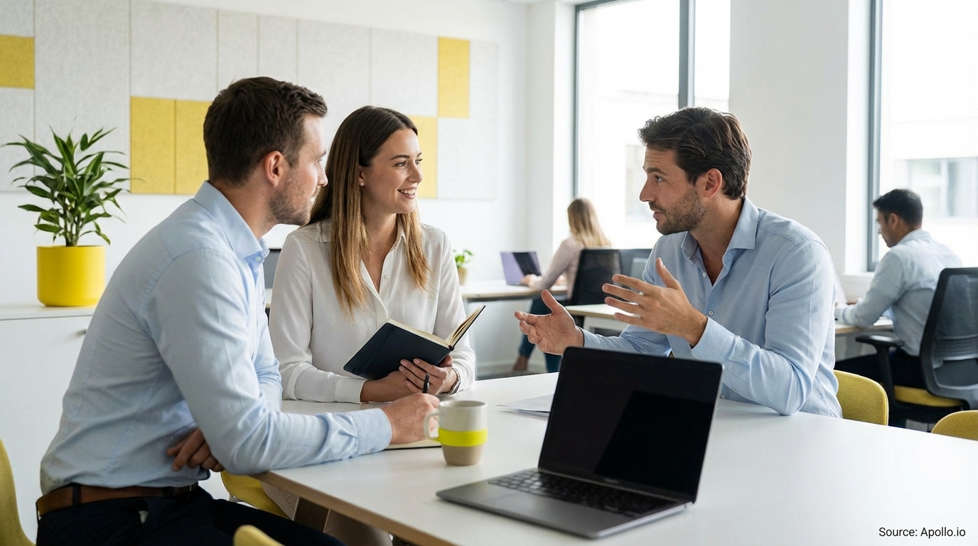 Three colleagues discuss at a bright office table with a laptop, while others work nearby.