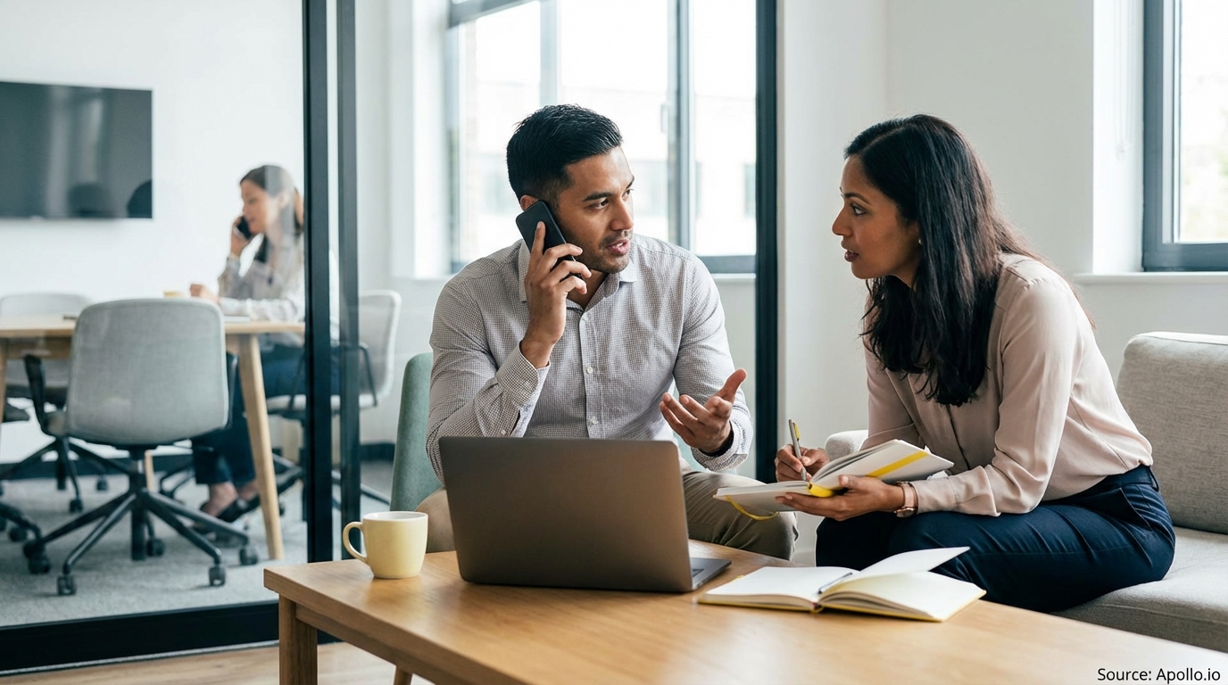 Two colleagues work in a modern office, one on a call, one writing notes, another in the background.