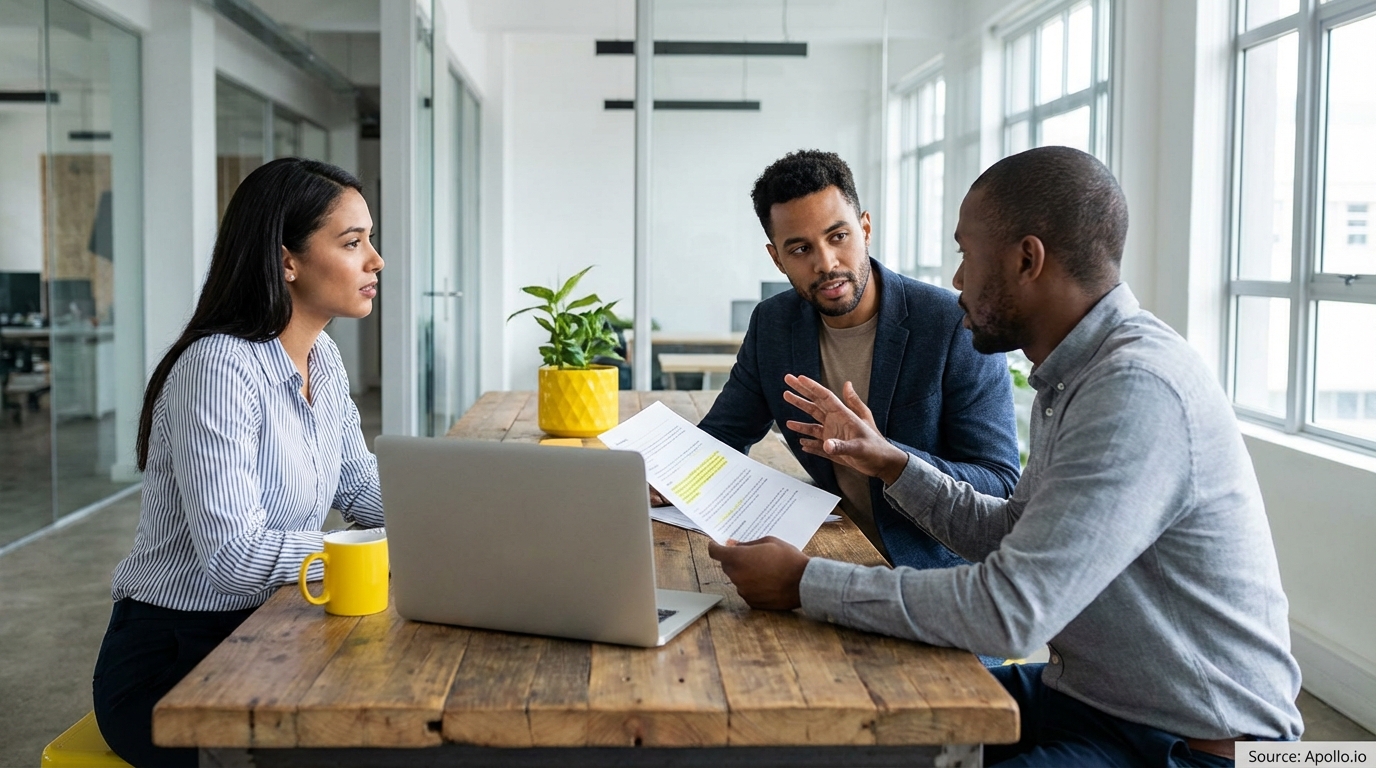 Three colleagues discuss documents at a modern office table with a laptop.