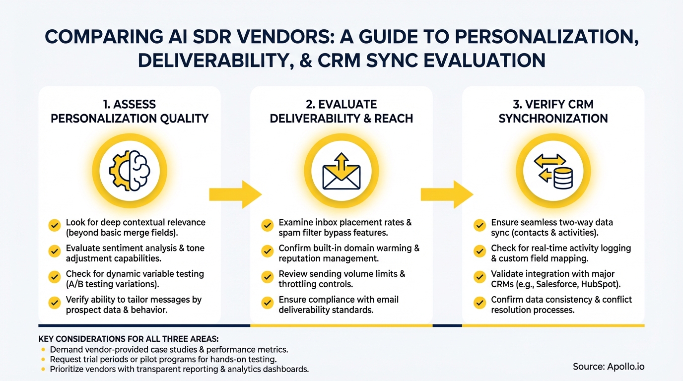 Flowchart outlining three steps to compare AI SDR vendors: personalization quality, deliverability, and CRM sync.
