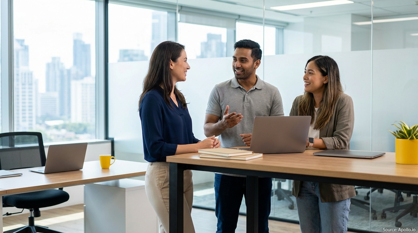 Three diverse professionals discussing strategy at a standing desk in a modern office.
