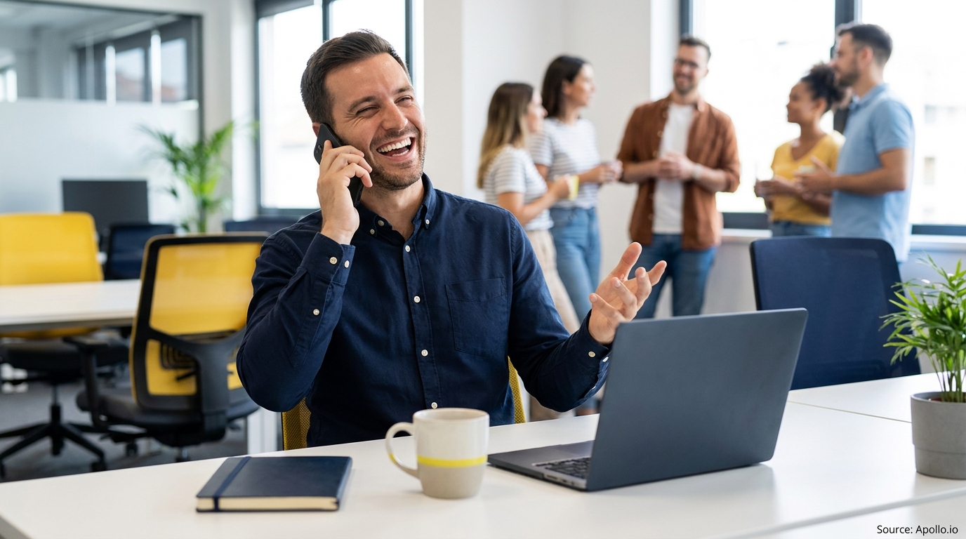 A man laughs on a phone call at his desk while colleagues talk in a modern office.