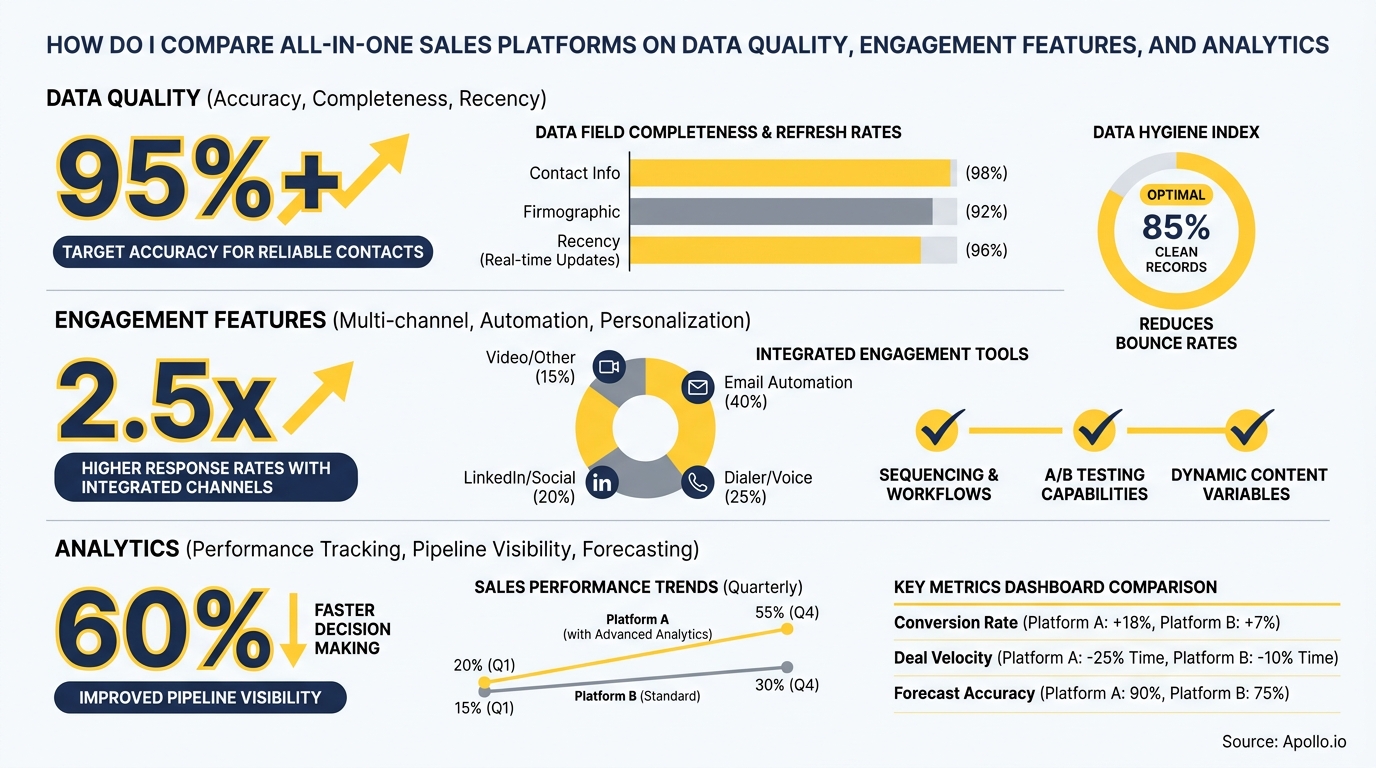 Infographic comparing sales platforms on data quality, engagement features, and analytics.
