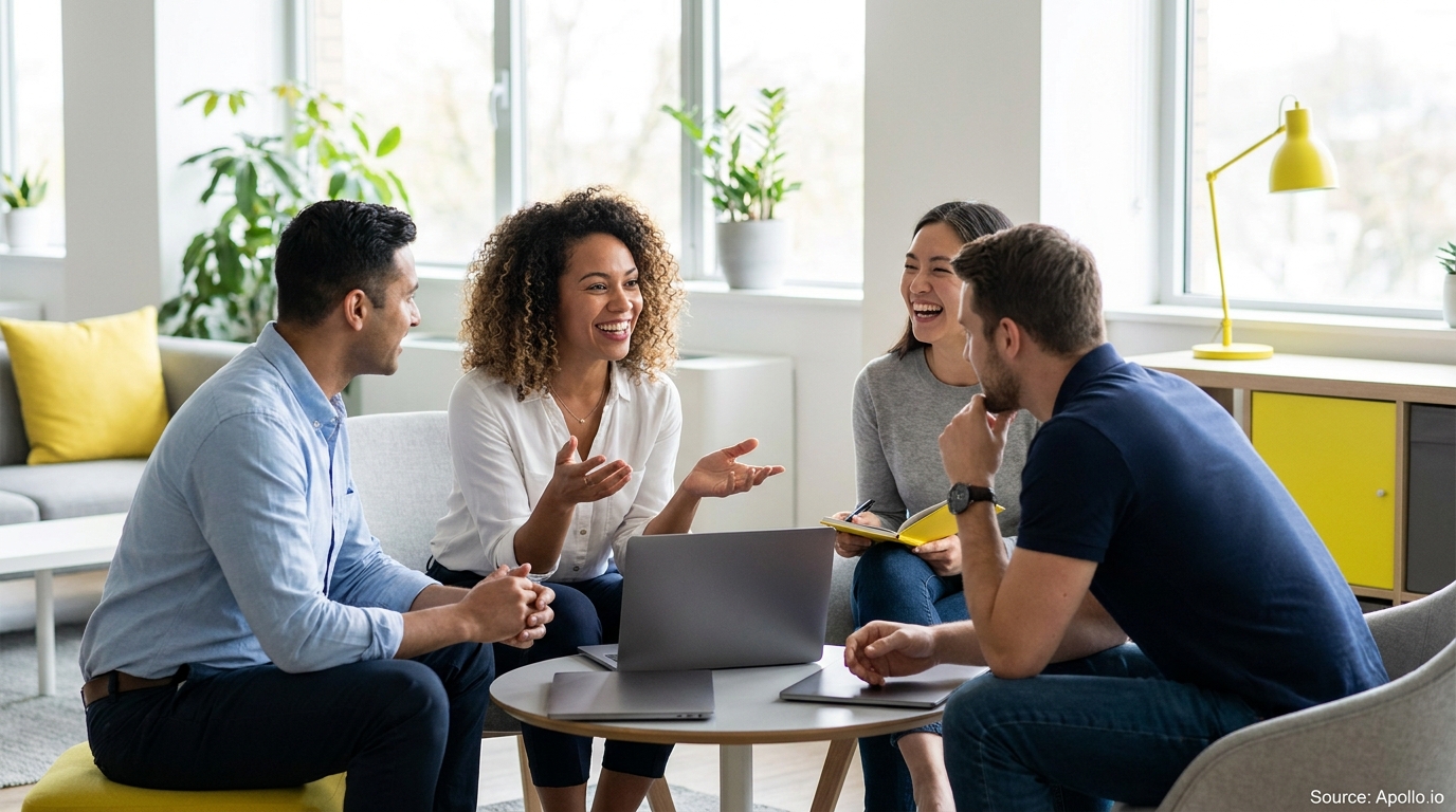 Four diverse professionals laugh and talk around a laptop in a modern office space.