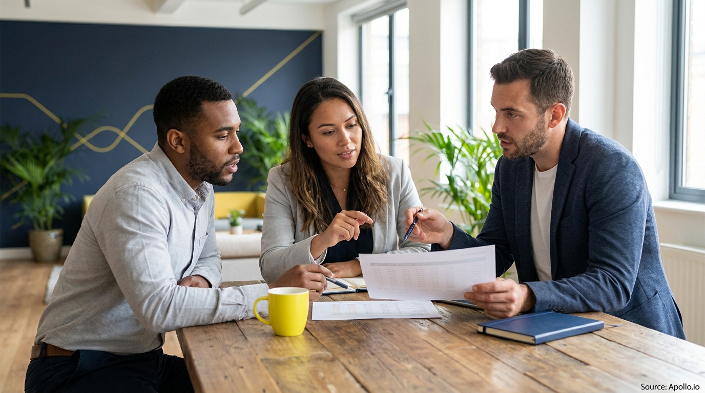 Three diverse professionals discuss documents at a modern wooden table.