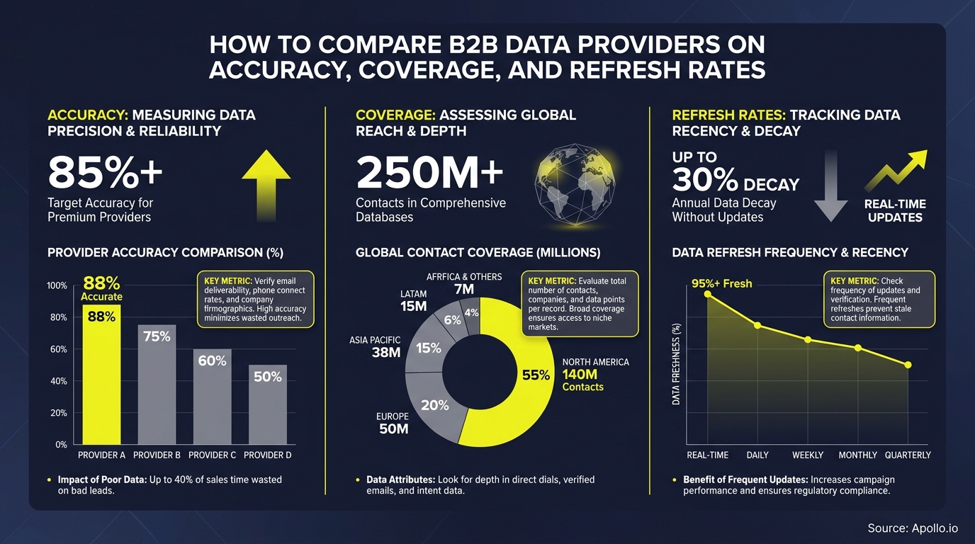 Charts and graphs illustrate B2B data provider accuracy, global reach, and data refresh rates.