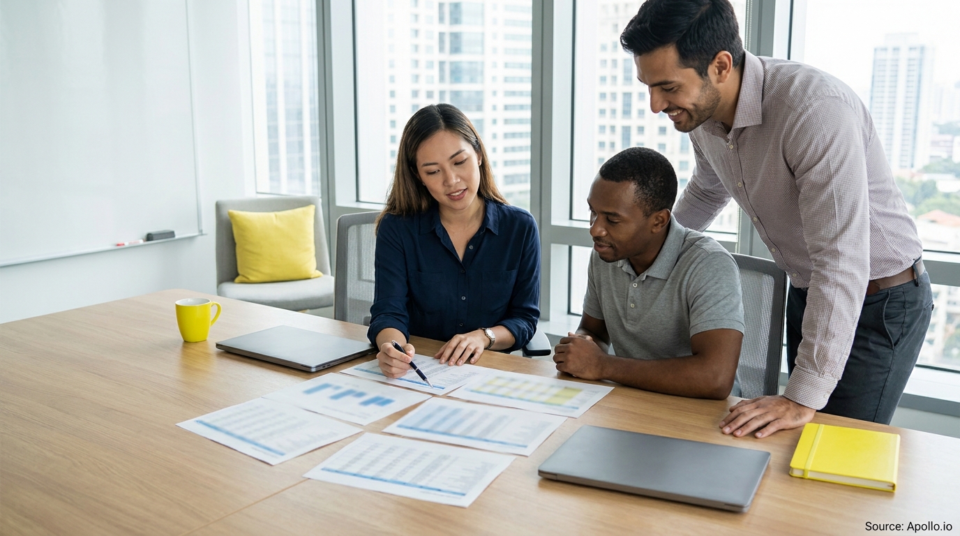 Three professionals review data documents at a bright office table.