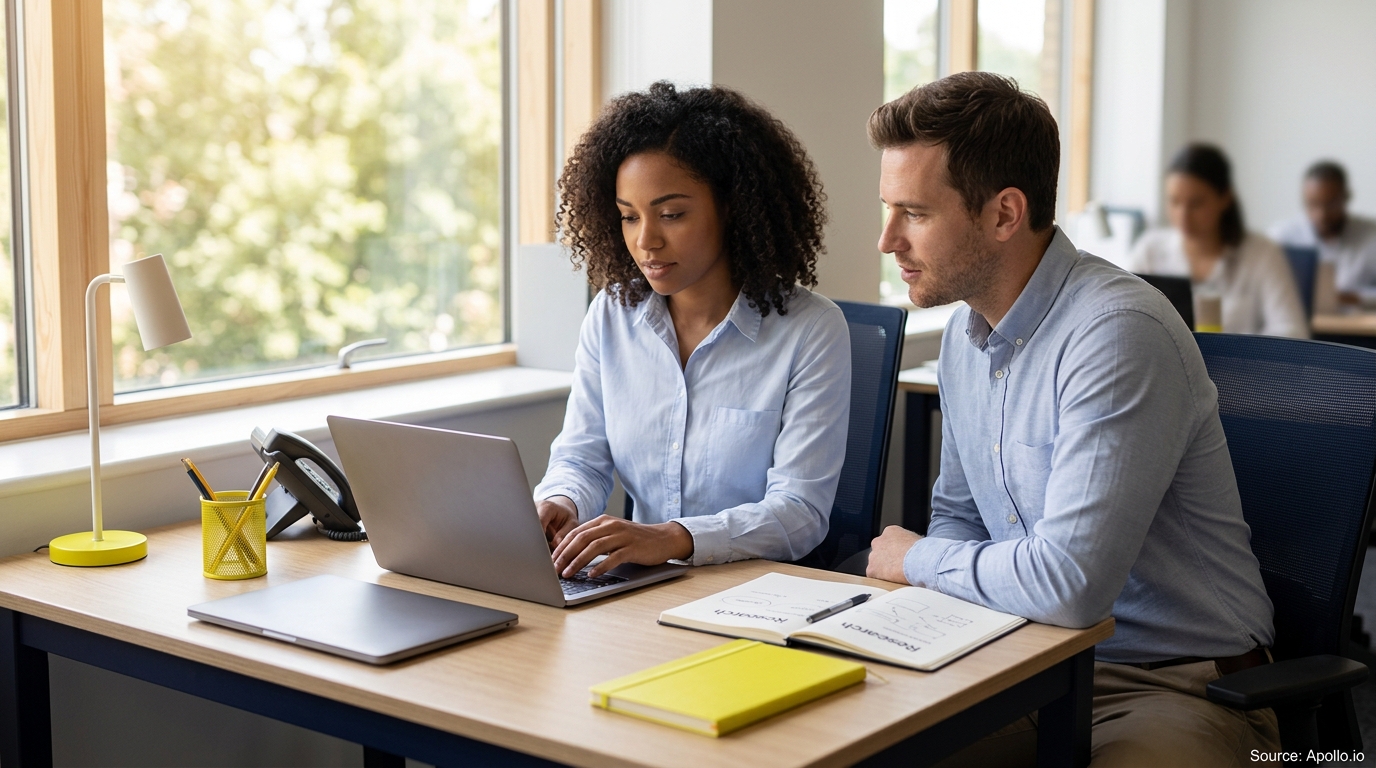 Two professionals collaborate on a laptop at a desk in a bright office with colleagues in the background.