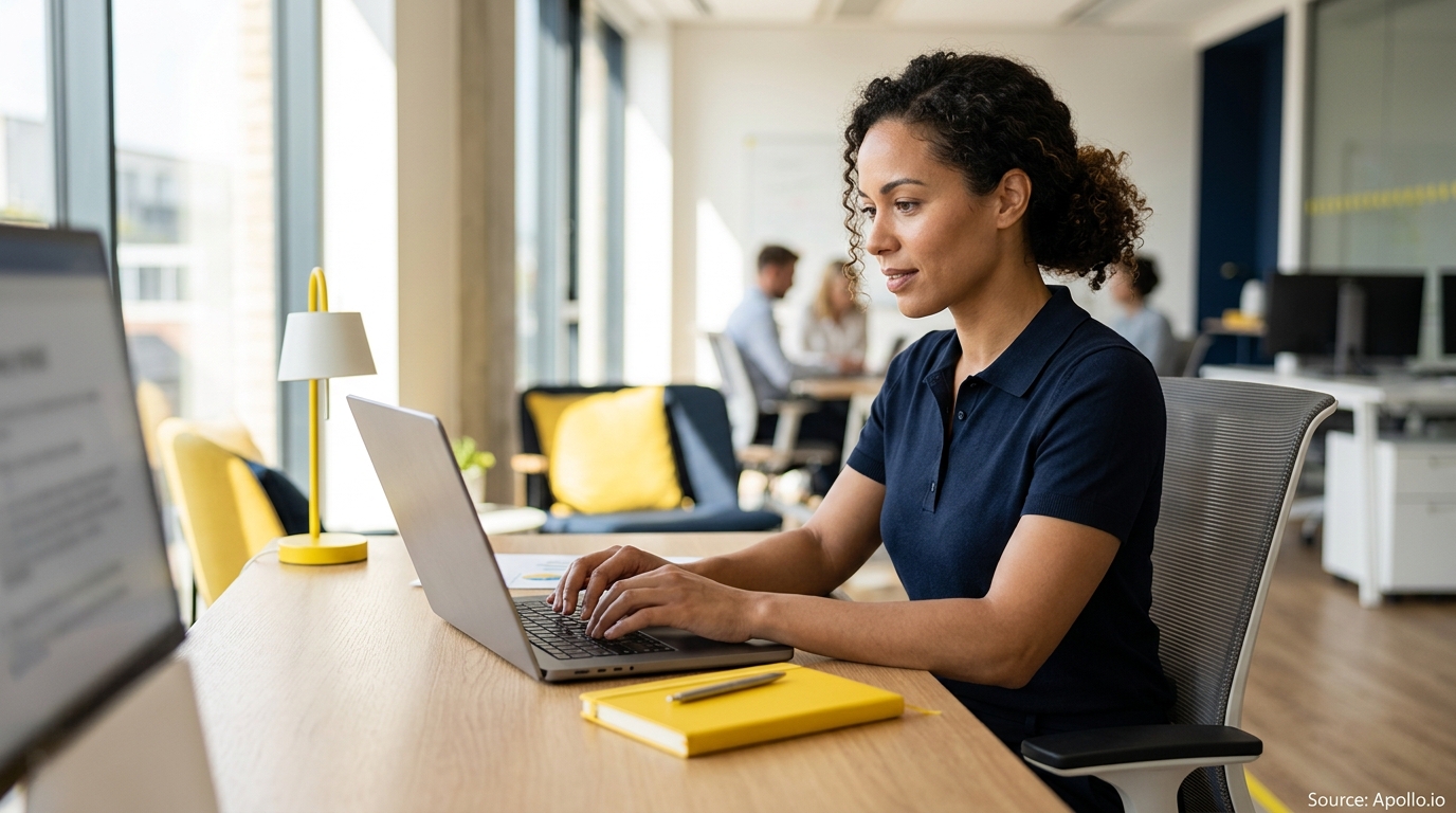 A woman types on a laptop in a bright modern office with three colleagues in the background.