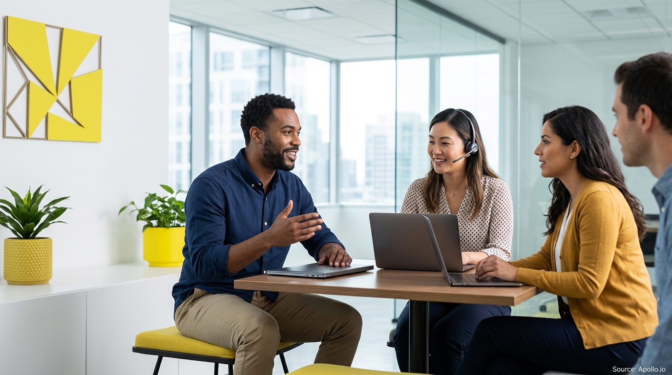 Four professionals collaborate at a table with laptops in a bright, modern office setting.
