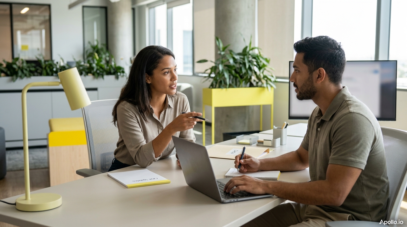 Two professionals collaborate at a desk with a laptop and notebooks in a bright, modern office.