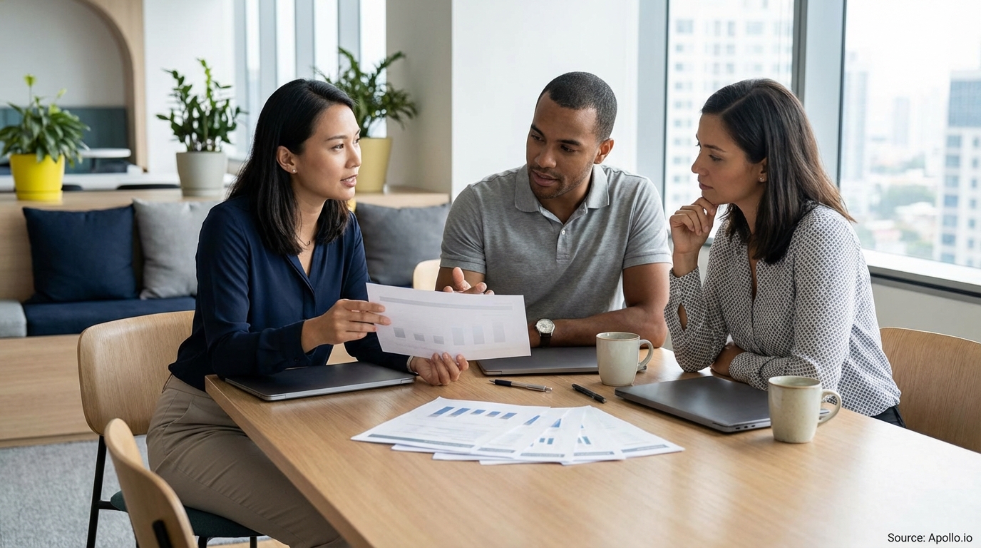 Three professionals discuss documents and data at a modern office table.