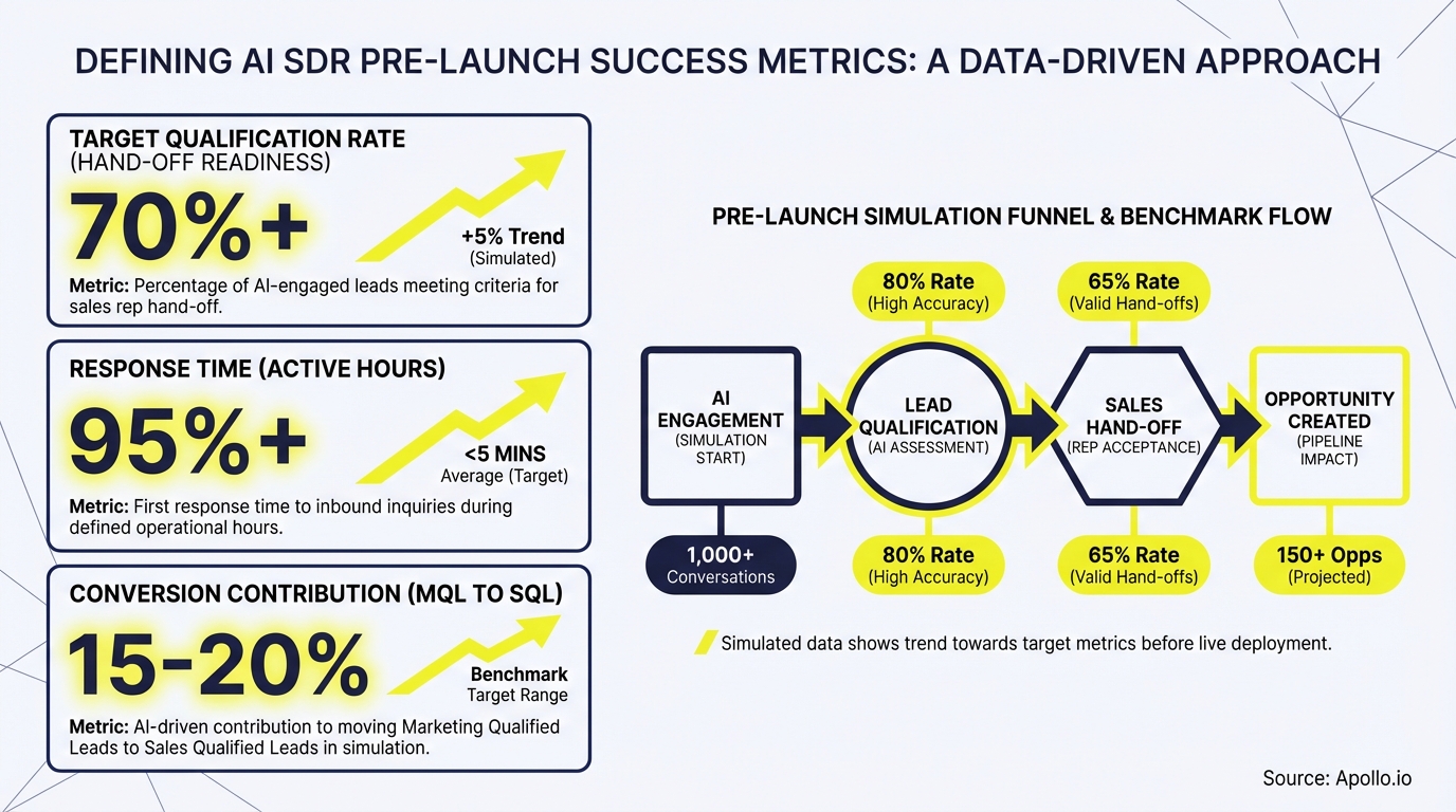 Diagram defining AI SDR pre-launch success metrics and a simulation funnel flow with performance benchmarks.