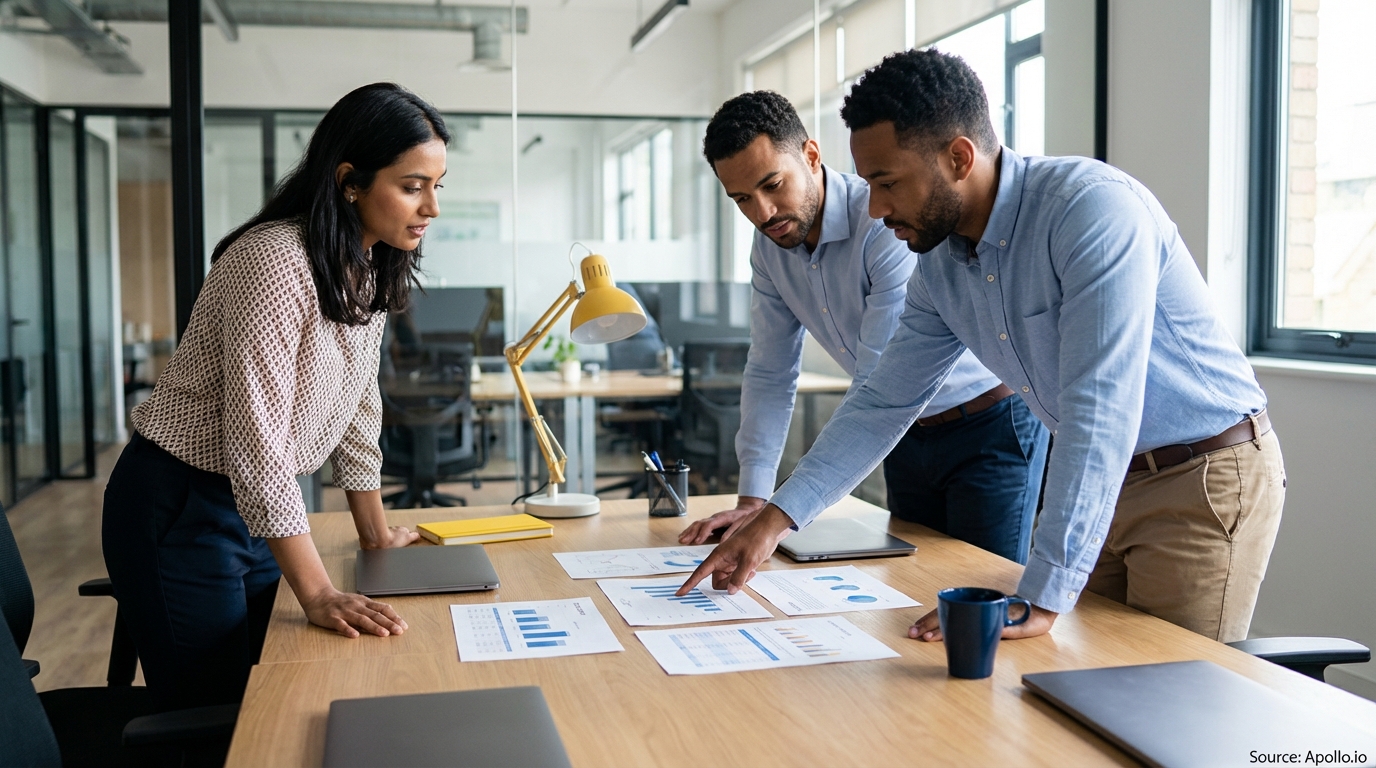 Three colleagues examine data sheets on an office table, one pointing at a graph.