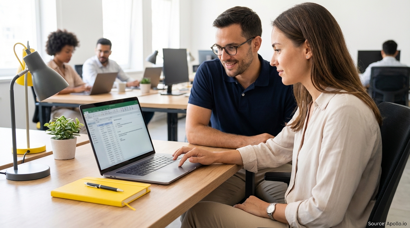 Two colleagues collaborate on a laptop in a busy modern office setting.