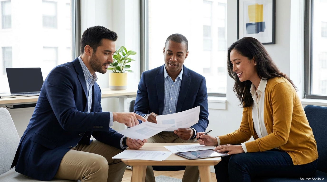 Three diverse professionals discuss papers and a tablet at a modern office table.