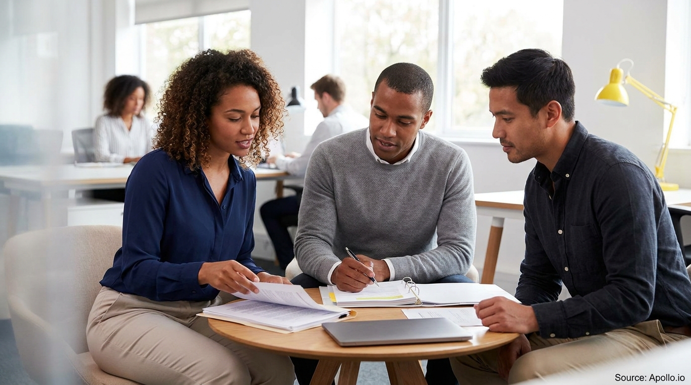 Three professionals review documents and a laptop at an office table.