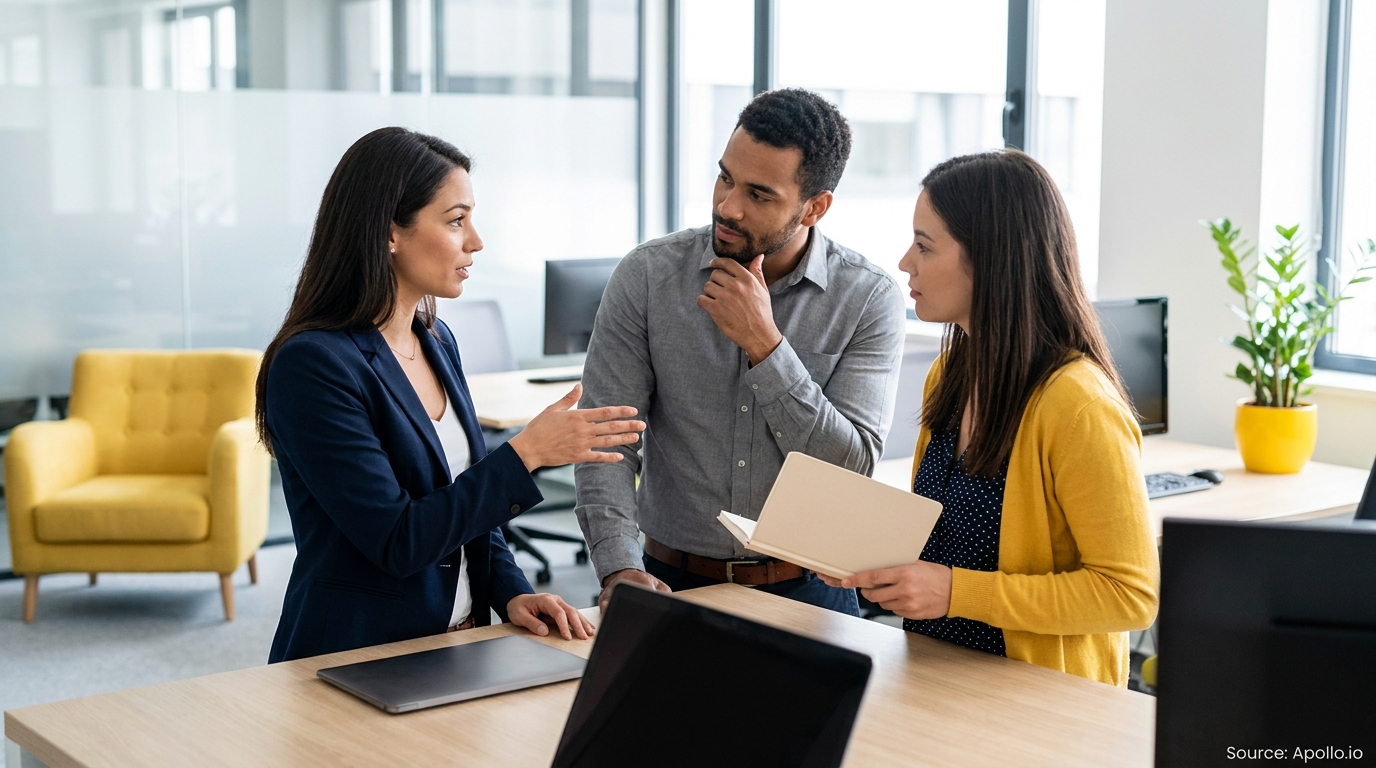 Three professionals discussing, one gesturing, around a desk in a modern office.