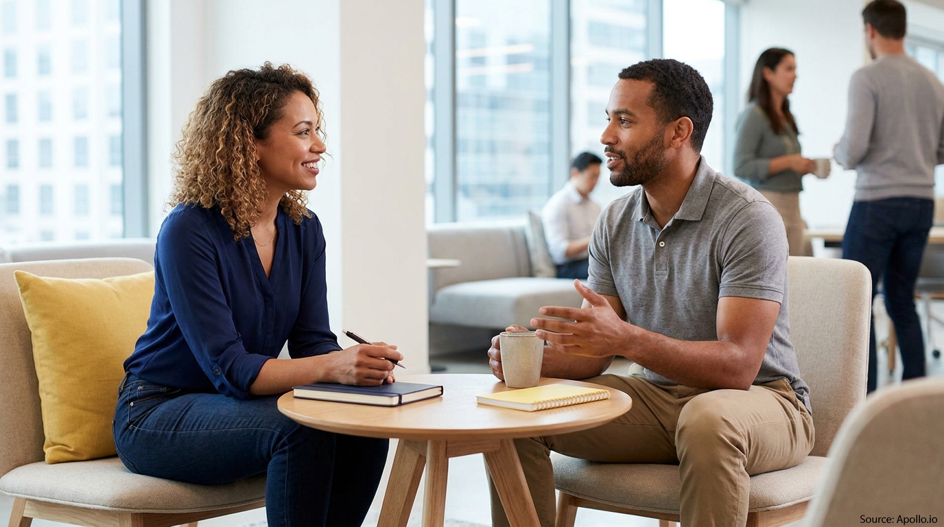 A woman takes notes while a man speaks during a meeting in a modern office.