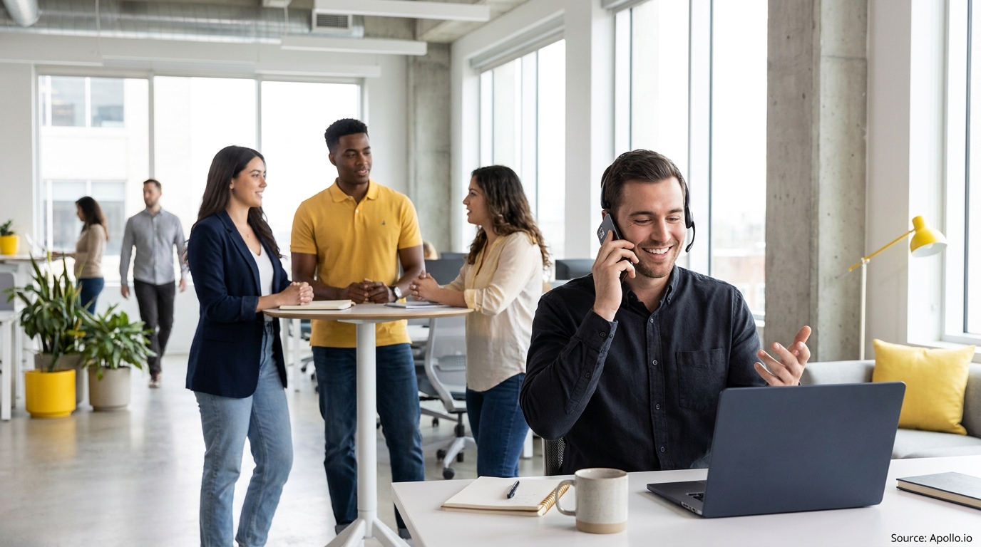 Six colleagues in a bright office, one on a call with a laptop, others discussing and walking.