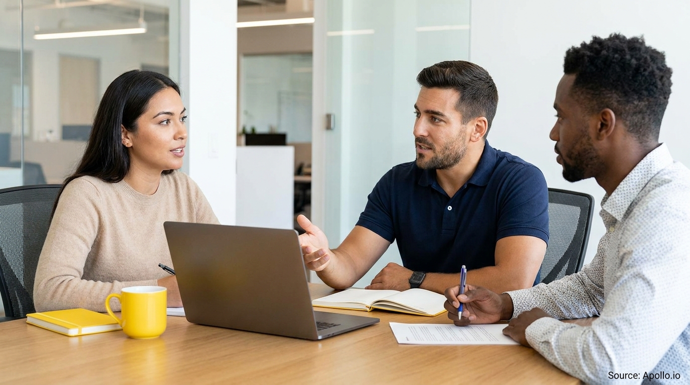 Three diverse professionals collaborate at a modern office table with a laptop and documents.