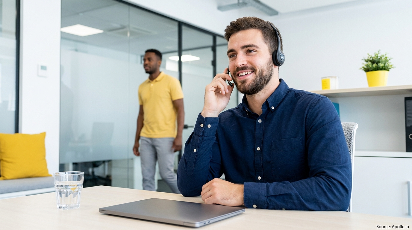 A man with a headset smiles while on a call at an office desk, with another person walking in the background.