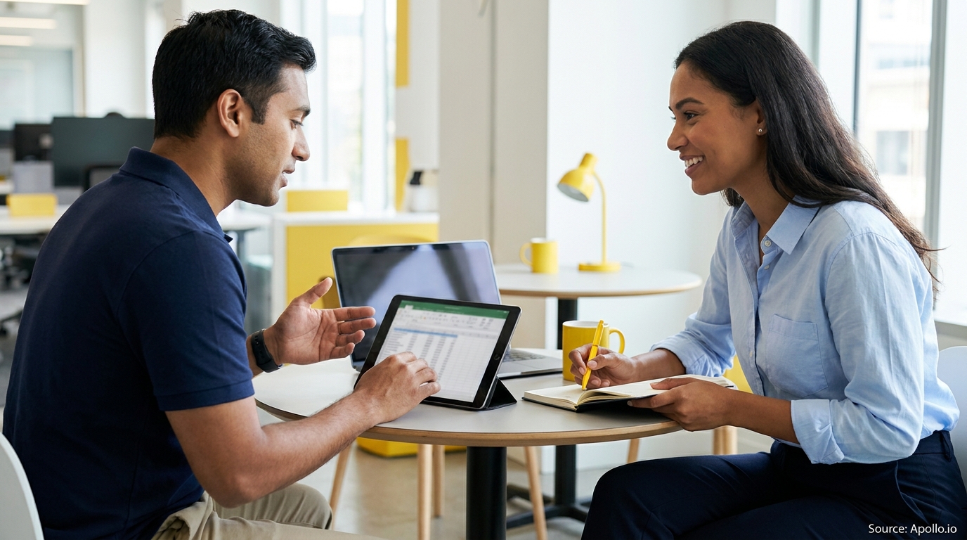 Two business professionals discuss data on a tablet while one takes notes in an office.
