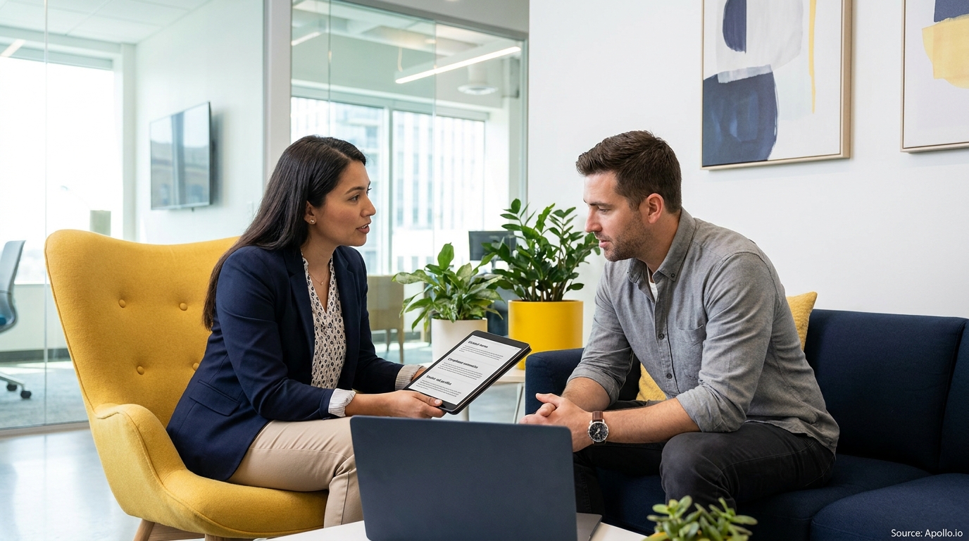 Two professionals discuss content on a tablet in a bright, modern office lounge.