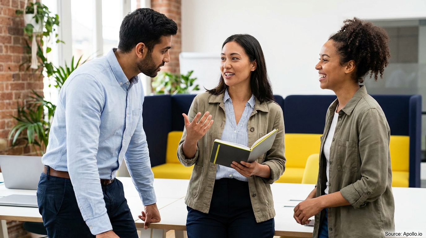 Three professionals stand discussing around a table in a modern office, one gesturing.