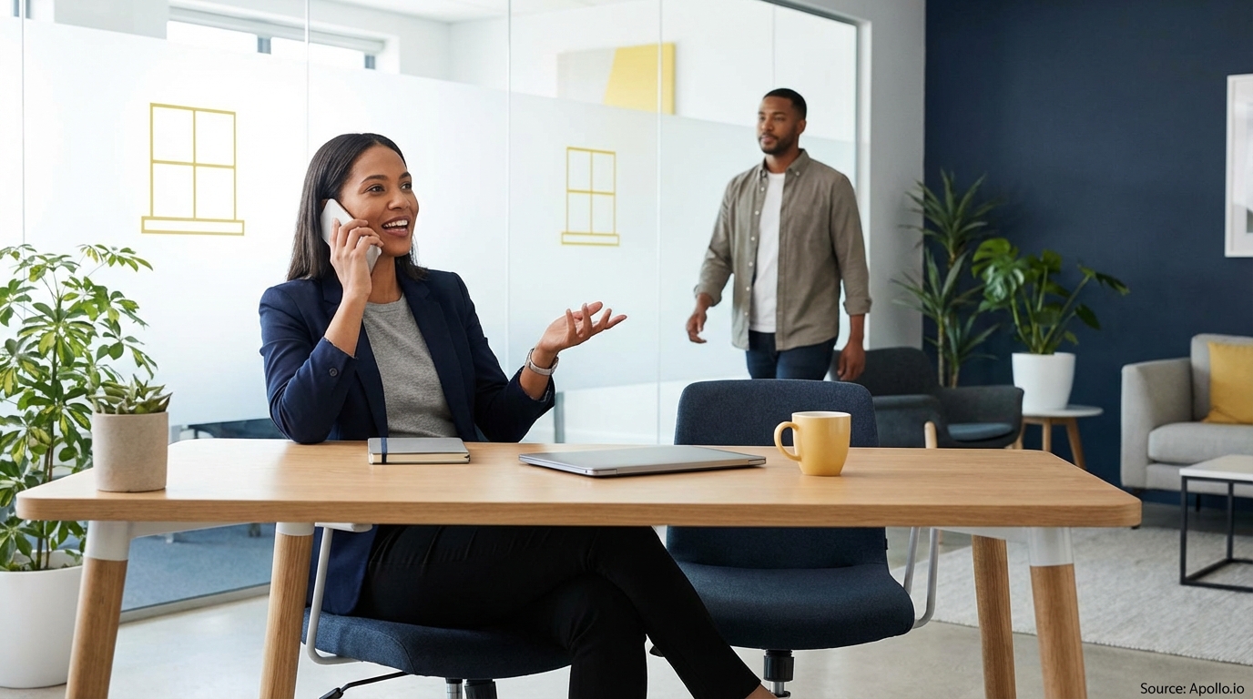 A professional woman talks on the phone at a modern office desk, as a man walks in the background.