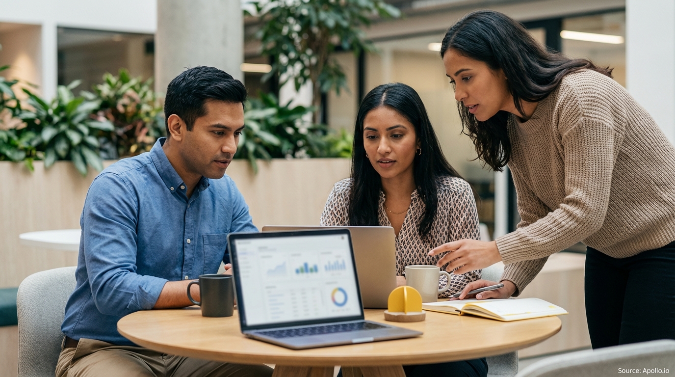 Three colleagues discuss data on laptops, one pointing, at a modern office table.
