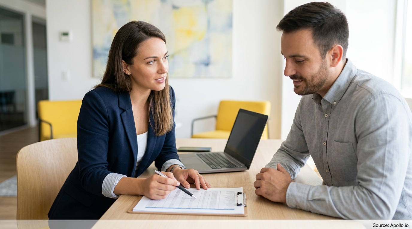 Two professionals discuss a document at a modern office table with a laptop.