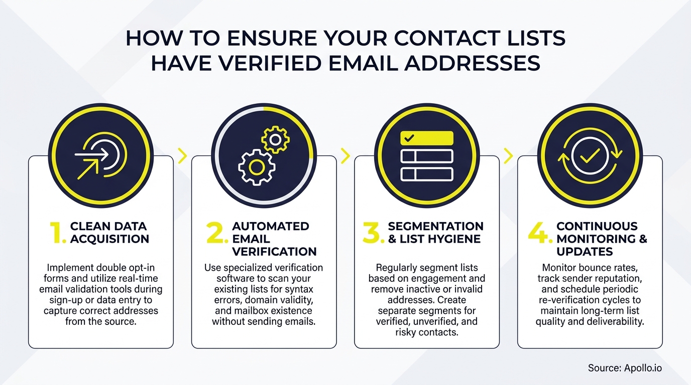 Four-step infographic illustrating how to verify email addresses for contact lists.