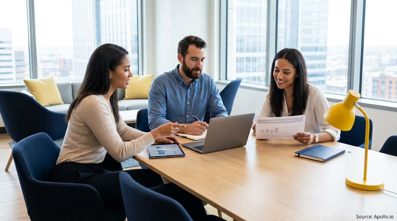 Three professionals discuss data on a laptop and tablet at a modern office table.