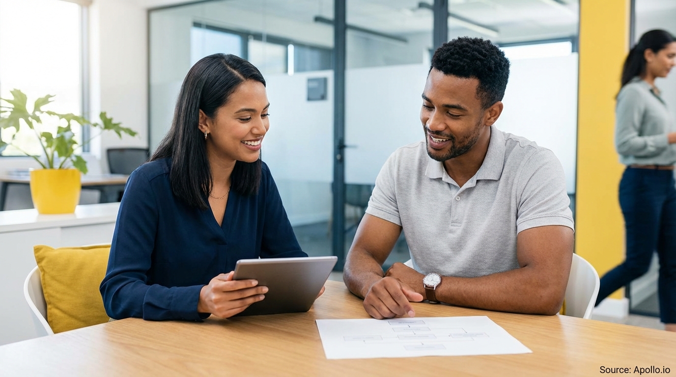 Two smiling professionals discuss a tablet and document at an office table; a third walks by.