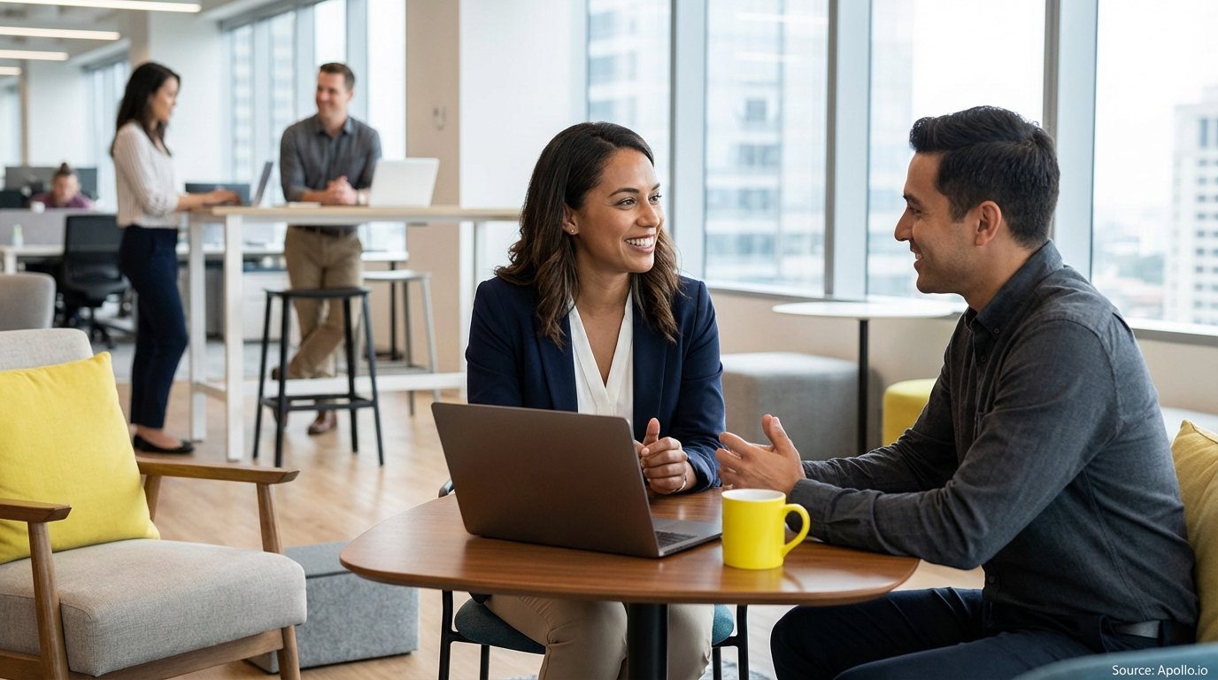 Two professionals discuss work with a laptop at a table, others in a modern office.