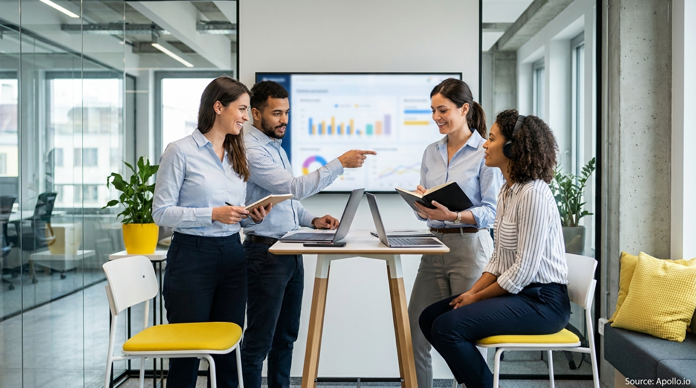 Four diverse professionals collaborate in a modern office, discussing data on laptops and a large screen.