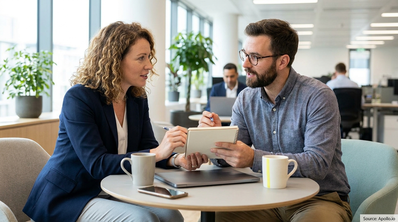 Two colleagues collaborate at a table in a modern, sunlit office.