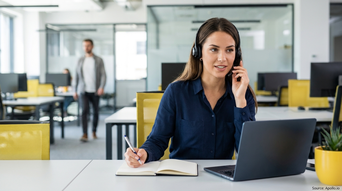 A woman in a headset talks on the phone and writes notes in an open office.