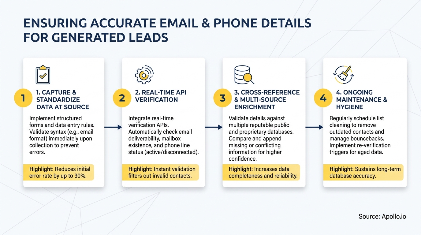 Four steps outlining how to ensure accurate email and phone details for generated leads.