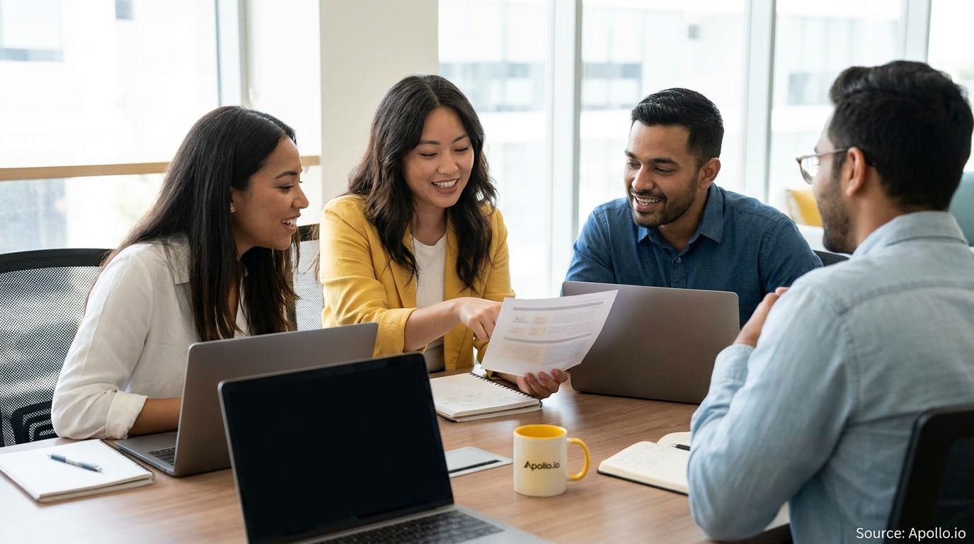 Four smiling professionals collaborate around a table with laptops and documents in a modern office.
