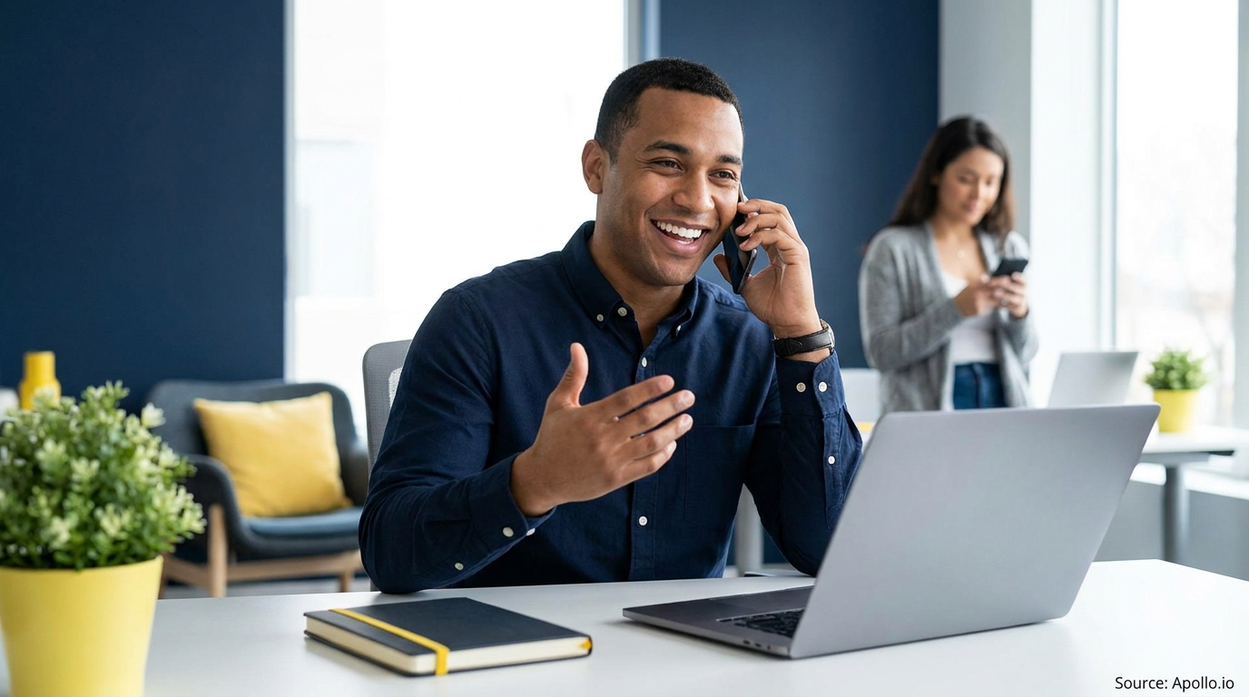 A man smiles talking on a phone at a desk with a laptop, while a woman checks her phone.